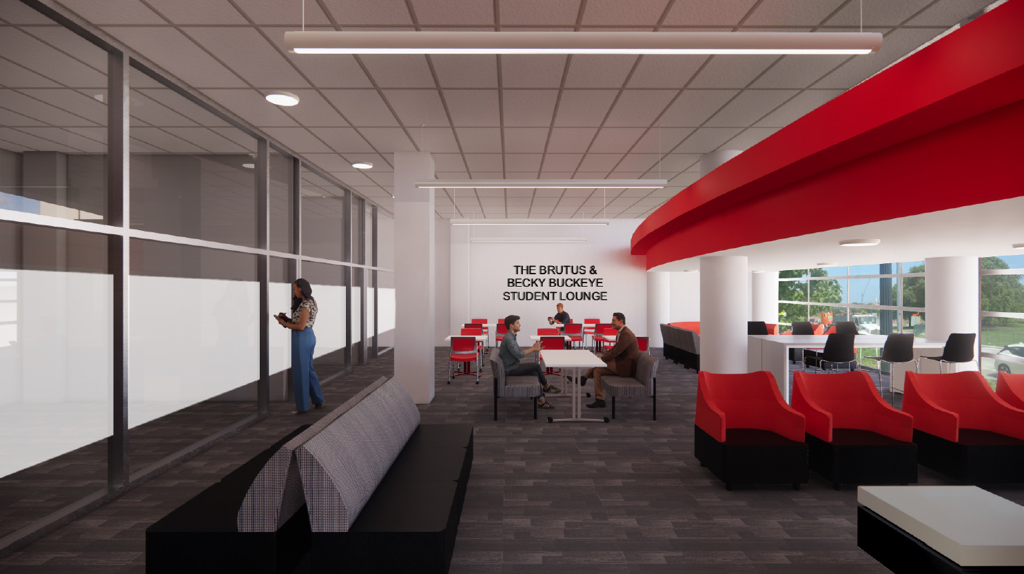3D-rendered image of the proposed student lounge.