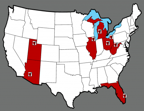 map of the US showing 8 states colored in