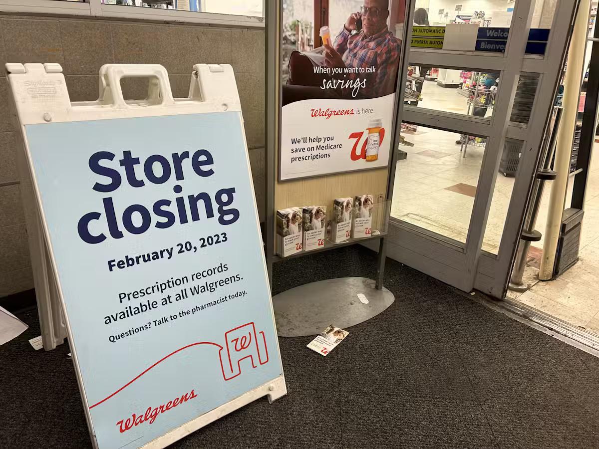 "Store closing" sign outside of a Walgreens pharmacy