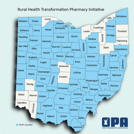 Map of Ohio's 88 counties with the 73 funded counties highlighted