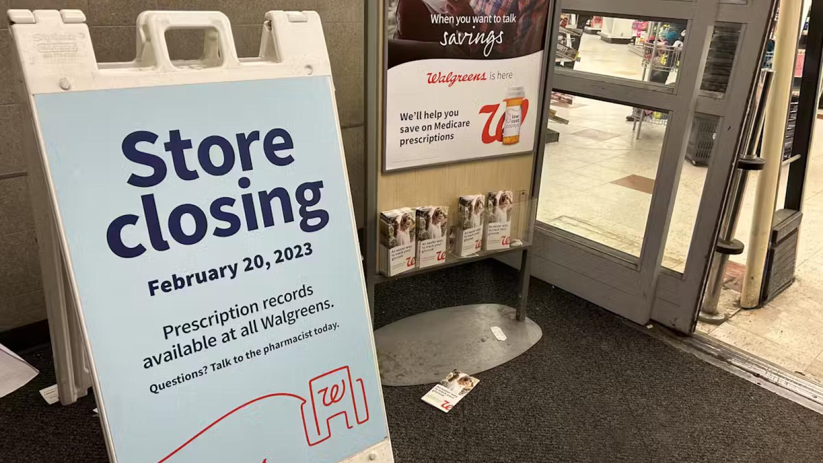 "Store closing" sign outside of a Walgreens pharmacy