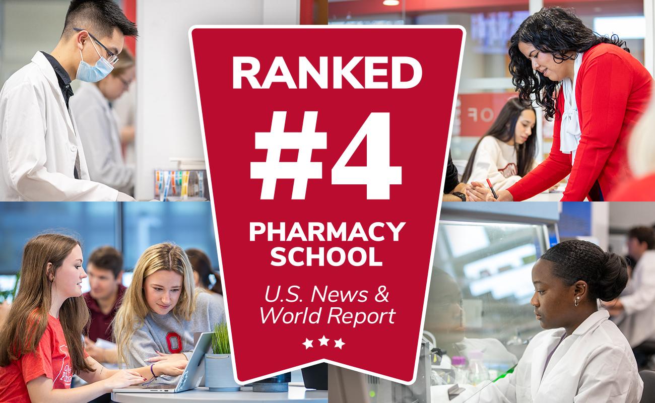 Collage of practicing pharmacists and students featuring #4 ranking ribbon