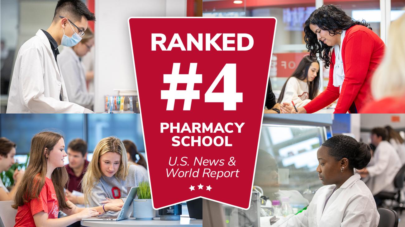 Collage of practicing pharmacists and students featuring #4 ranking ribbon