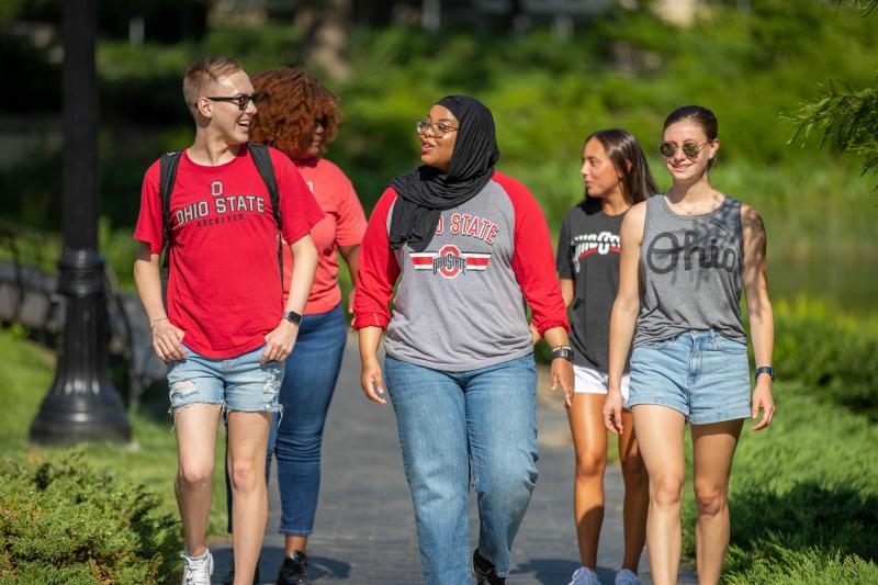students in a group walking