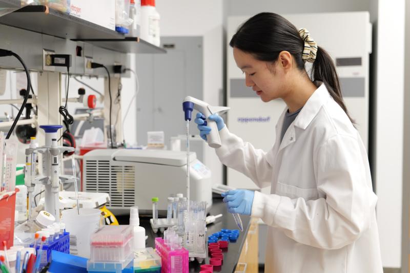 a scientist at a lab bench