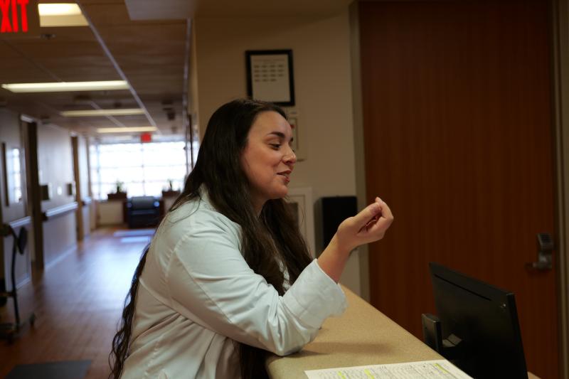 Rachel Hopper speaking with colleagues at OhioHealth