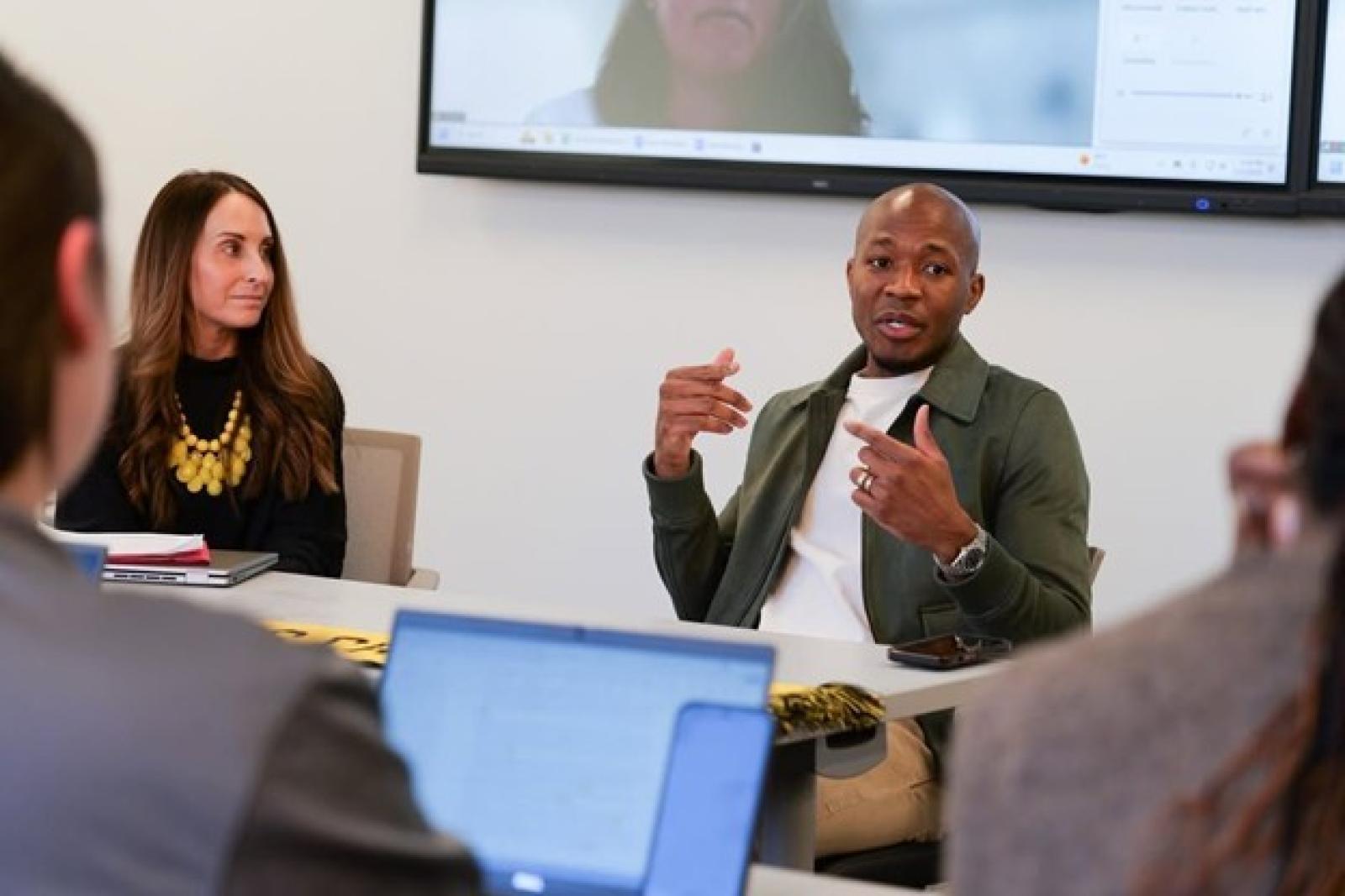 Columbus Crew Captain, Darlington Nagbe, speaking to a room of MS/HSPAL students